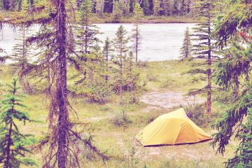 a yellow tent in the forest by a river