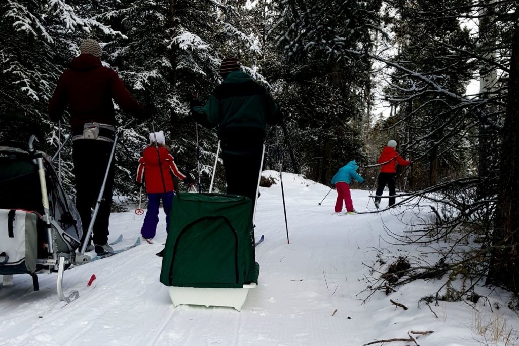 families cross country skiing with kids and pulling pulks