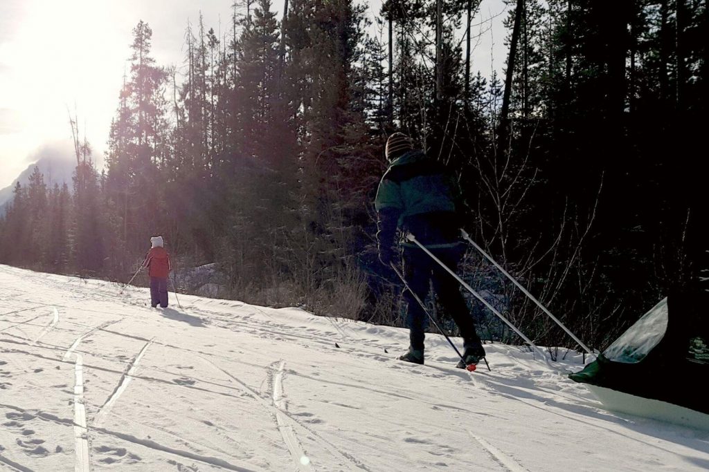 a dad and kids cross country skiing and pulling a pulk
