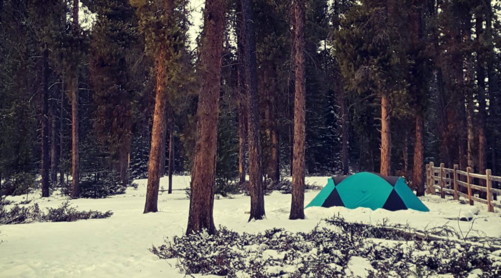 A tent set up in a snow-covered forest