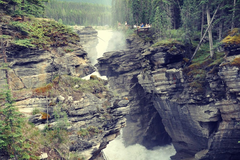 The deep waterfall at Athabasca Falls in Jasper National Park