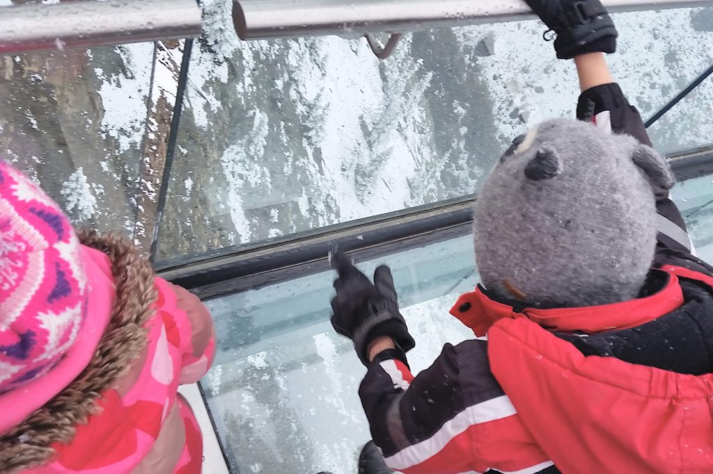 Two kids looking through a glass bottomed walkway at the Skywalk in Jasper