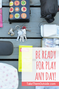 items found in a mom's purse, wallet, keys, first aid, tissues, diaper, text reads be ready for play any day