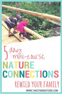 kids leaning over a wooden bridge to look at the creek below. text reads: 5 day mini-course nature connections, rewild your family