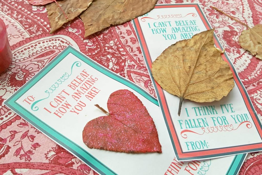 Printable Valentines Day Nature Craft Cards on a floral tablecloth