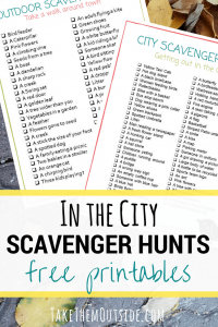 image of a printable scavenger hunts, text reads in the city, scavenger hunts, free printable