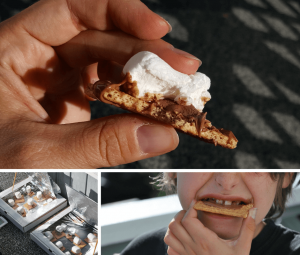 a close up of a smore, a child eating a cracker, and a pizza box solar oven