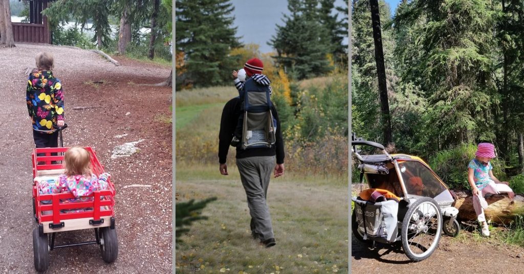A collage of outdoor gear for carrying children, a wagon, a child carrier backpack, and an all-terrain chariot stroller