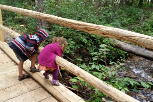 two kids leaning over the wooden railed bridge over a creek