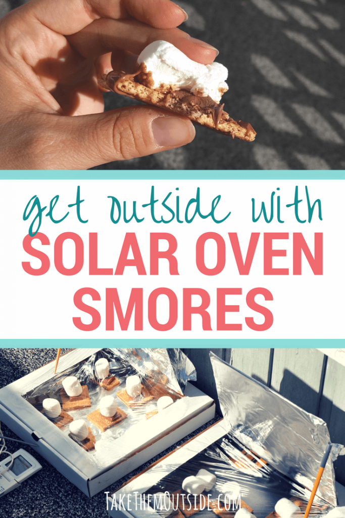 melted marshmallow and chocolate being cooked in homemade pizza box solar ovens. text reads get outside with solar oven smores