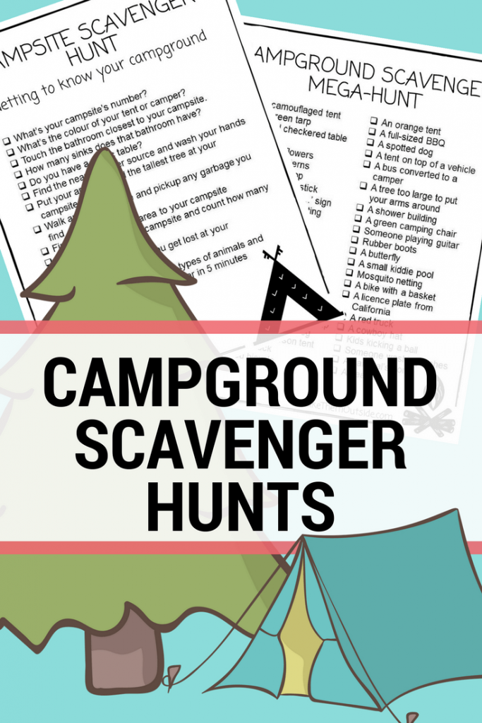 image of printable camping scavenger hunts with an illustrated tent and tree
