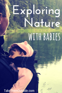 A baby wearing a pink bunting sleeping while dad wears her in a baby carrier, text reads exploring nature with babies
