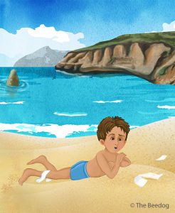 an illustration from the beedog, a small child on the sand at the ocean