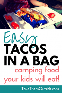 a white tray with an open bag of Doritos made into tacos in a bag, text reads easy tacos in a bag, camping food your kids will eat