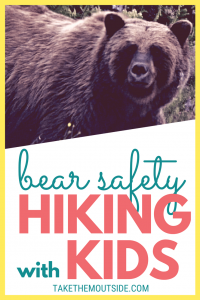 A brown bear, text reads bear safety, hiking with kids