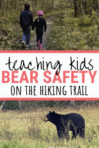 a image of kids walking in the woods and an image of a black bear in the woods