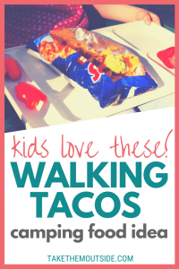a white tray with an open bag of Doritos made into walking tacos, text reads kids will love these walking tacos
