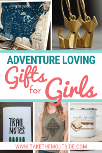 A collage image of gift ideas for adventure loving girls (a large map, fox earring, a trail journal, adventure top, and camping mug)