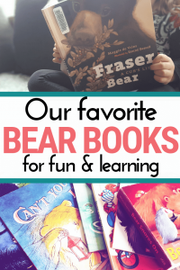 a young girl reading Fraser Bear and a pile of other bear books