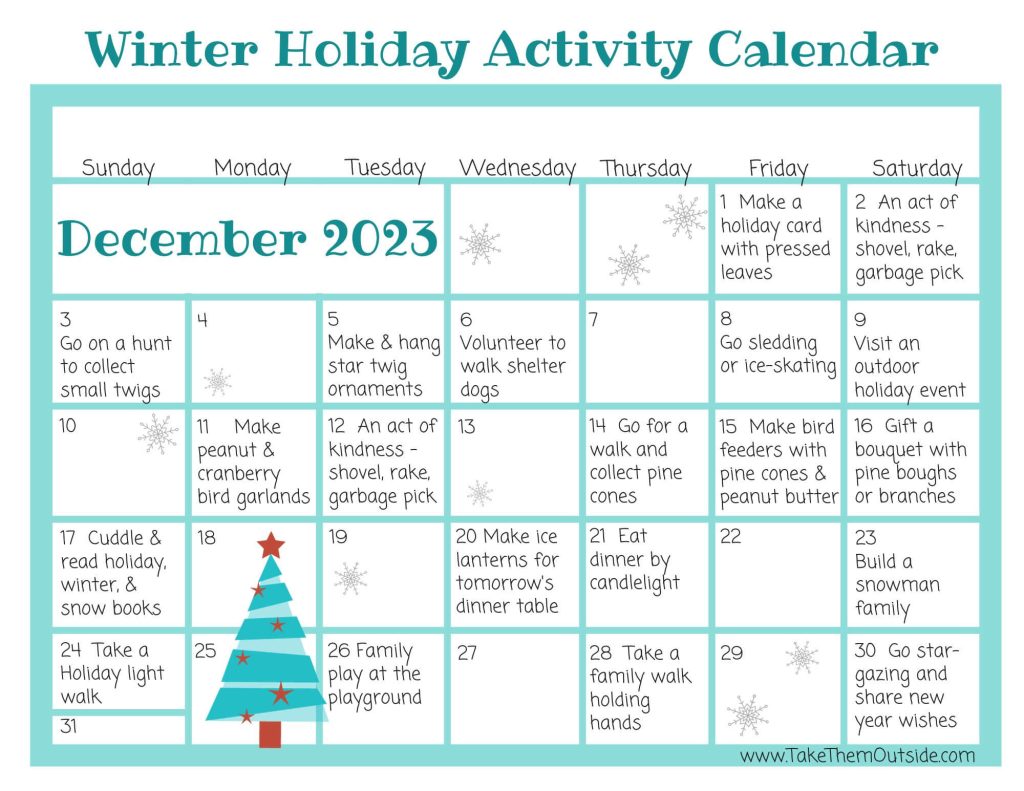 Image of the printable december calendar of family outdoor nature activities