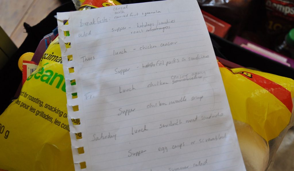 a camping meal plan penciled on a ruled sheet of paper