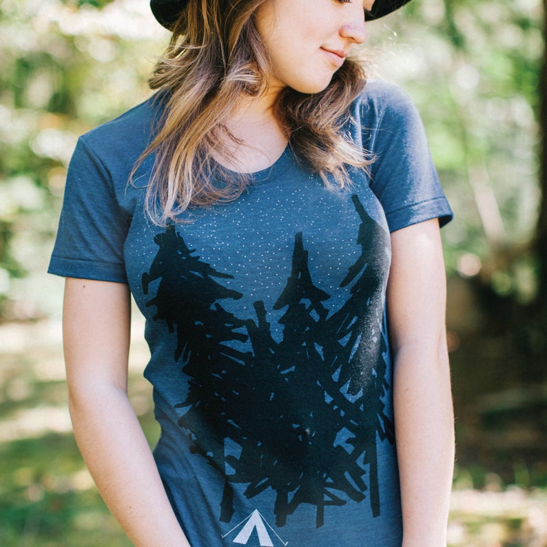 women's outdoors tee with trees and a tent
