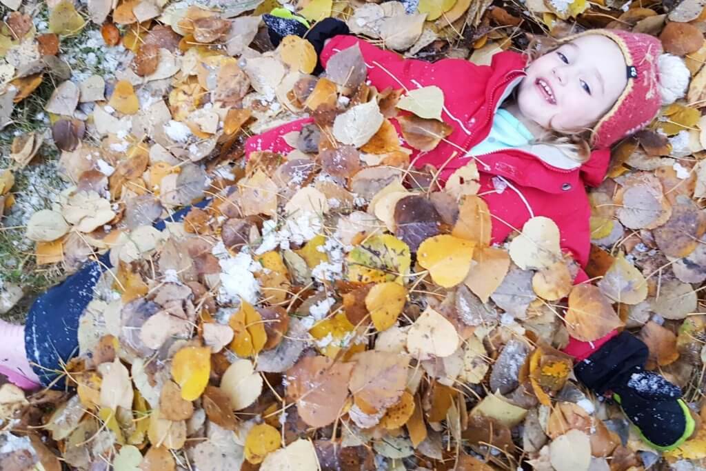 A toddler playing outside in the leaves during the fall