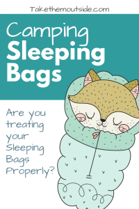 a cartoon raccoon snuggled into a sleeping bag, text reads camping sleeping bags