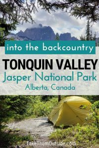 A yellow backpacking tent at a campground in the Tonquin Valley