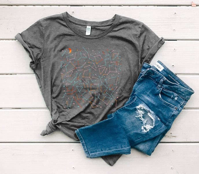grey tshirt with colorful constellations