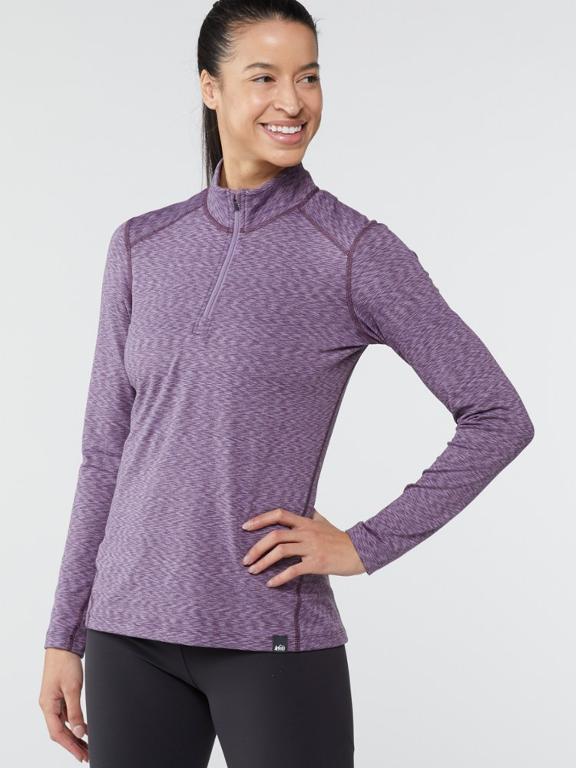 woman wearing purple merino wool shirt