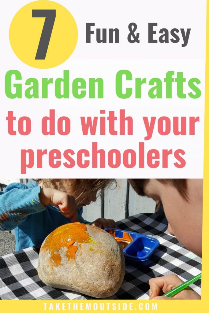two kids painting rocks, text reads garden crafts to do with preschoolers