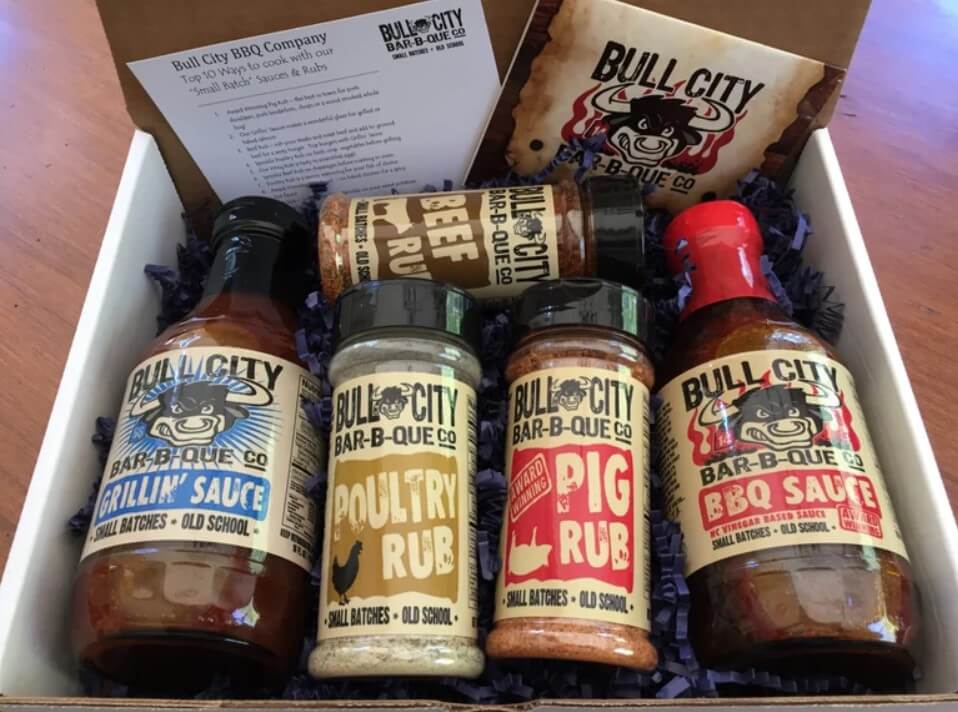gift box with various BBQ sauces and rubs
