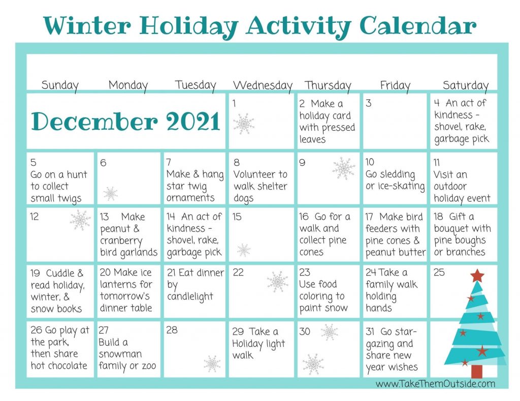a printable calendar for December with outdoor activity suggestions