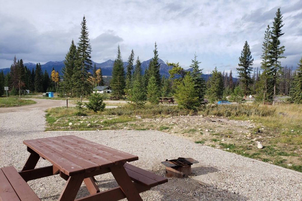 picnic table at campsite at whistlers campground in jasper national park