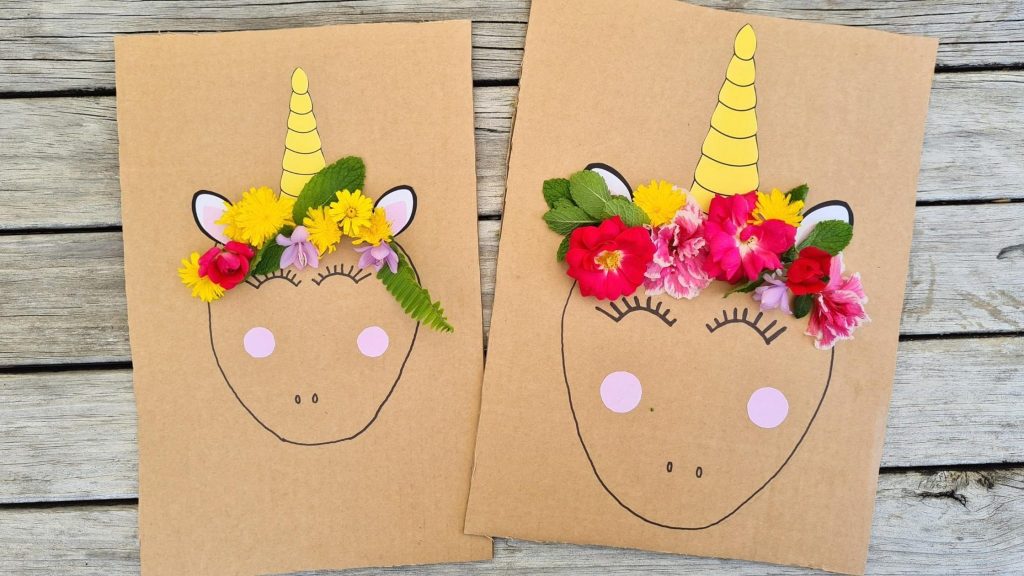 unicorns with flowers craft on cardboard