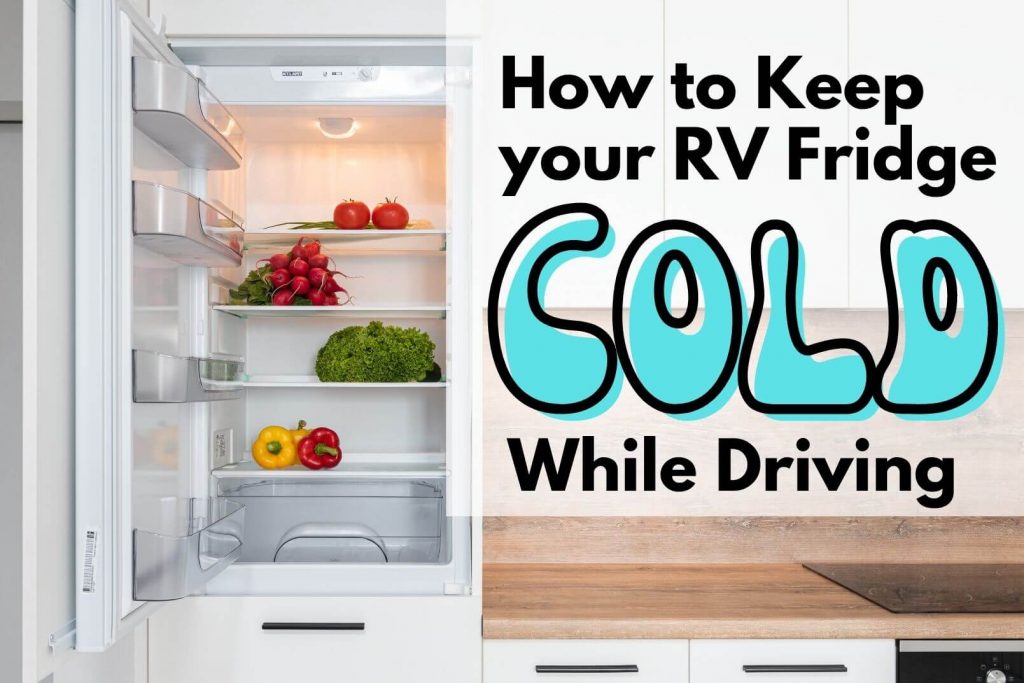 An RV fridge with an open door