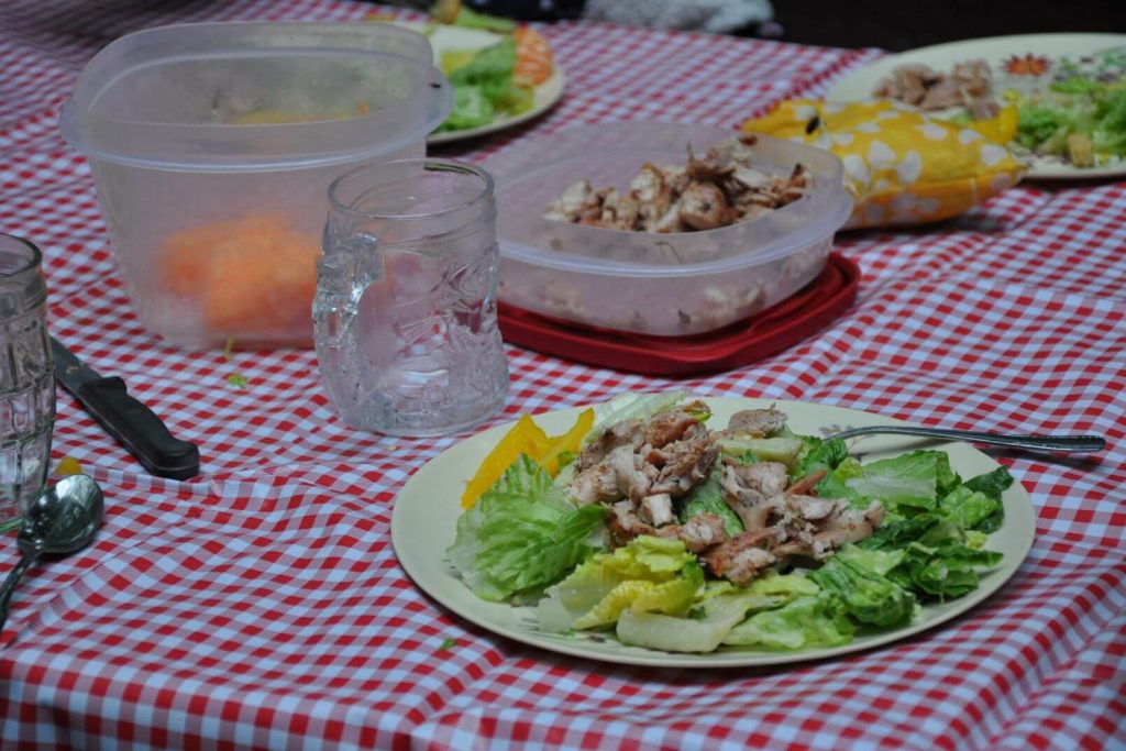 salad with chicken on a red checkered picnic table makes an easy no cook meals for camping