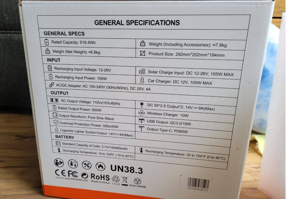 Specifications from the box of the EBL Portable Power Station