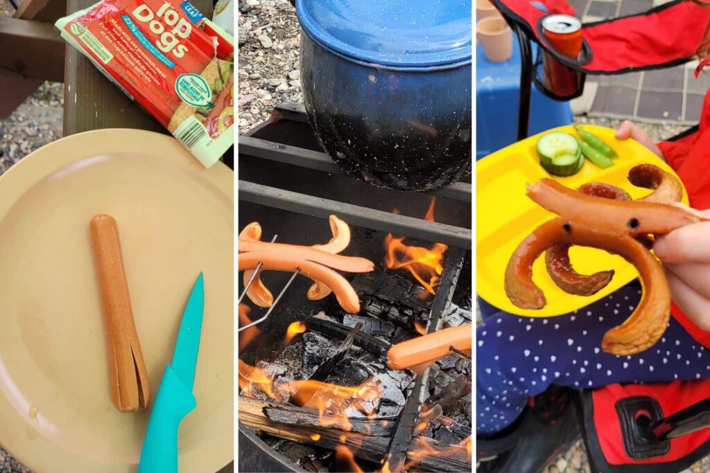 roasting hotdogs into hotdog octopus as the campground